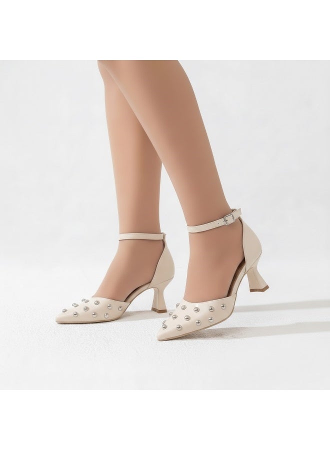 لايف ستيلاش  أحذية كعب متوسط جلد مع إبزيم F-600 - بيج - Image 1